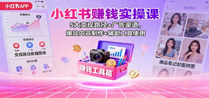 小红书赚钱实操课：5大路径广告渠道，爆品内容制作辅助工具使用_免费分享网络创业,副业,信息差项目的老牌资源整合平台！金铲子项目