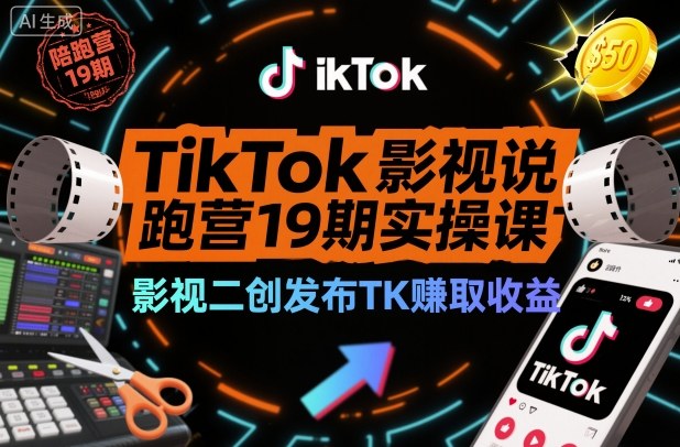 TikTok影视解说陪跑营19期实操课,影视二创发布TK賺取,万播50美金_免费分享网络创业,副业,信息差项目的老牌资源整合平台!金铲子项目