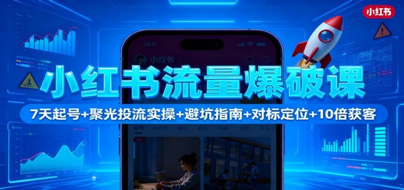 小红书流量爆破课：7天起号聚光投流实操避坑指南对标定位10倍获客_免费分享网络创业,副业,信息差项目的老牌资源整合平台！金铲子项目