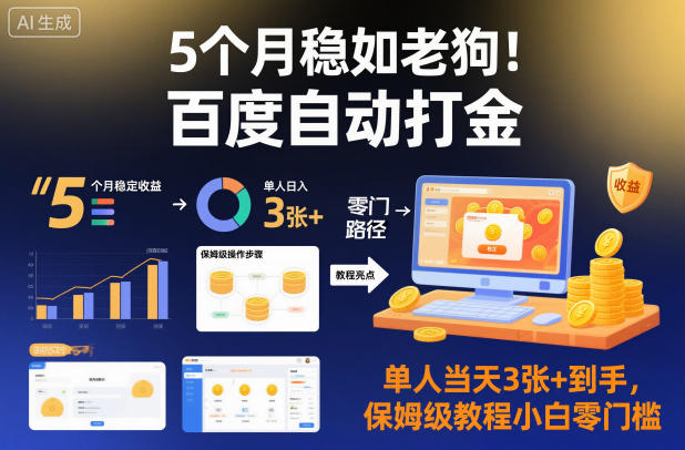 5个月稳如老狗百度自动打金，单人3张到手，保姆级教程小白零门槛_免费分享网络创业,副业,信息差项目的老牌资源整合平台！金铲子项目