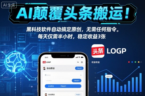 AI颠覆头条搬运黑科技软件自动搞定原创,无需任何指令。每天仅需半小时,稳定3张_免费分享网络创业,副业,信息差项目的老牌资源整合平台!金铲子项目