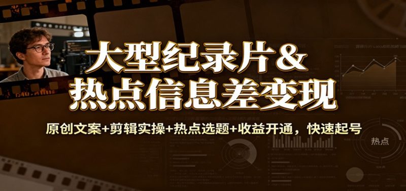 大型纪录片&热点信息差：原创文案剪辑实操热点选题开通，快速起号_免费分享网络创业,副业,信息差项目的老牌资源整合平台！金铲子项目