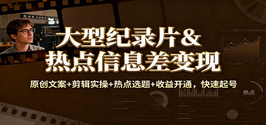 大型纪录片&热点信息差：原创文案剪辑实操热点选题开通，快速起号_免费分享网络创业,副业,信息差项目的老牌资源整合平台！金铲子项目