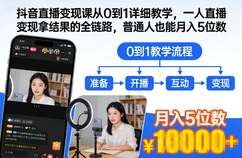 抖音直播变现课从0到1详细教学，一人直播变现拿结果的全链路，普通人也能月入5位数_免费分享网络创业,副业,信息差项目的老牌资源整合平台！金铲子项目