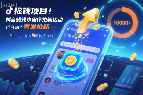捡钱项目！抖音賺钱小程序拉新活动，抖音端内宣发拉新，一单3米，有人半个月搞了1W+_免费分享网络创业,副业,信息差项目的老牌资源整合平台！金铲子项目