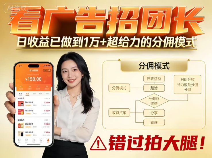 看广告招团长，团队已做到1万，分佣模式超给力，错过拍大腿_免费分享网络创业,副业,信息差项目的老牌资源整合平台！金铲子项目