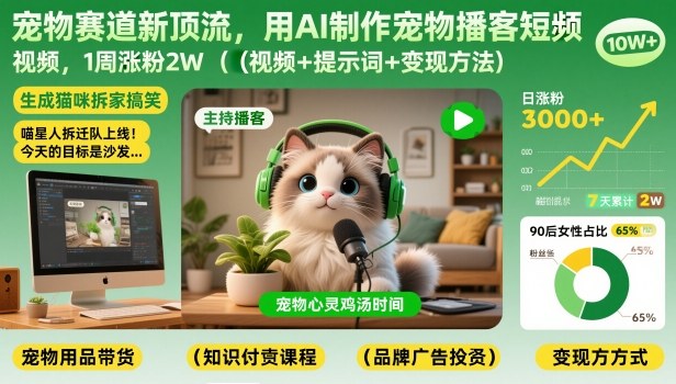 宠物赛道新顶流,用AI制作宠物播客短视频,1周涨粉(视频提示词方法)_免费分享网络创业,副业,信息差项目的老牌资源整合平台!金铲子项目