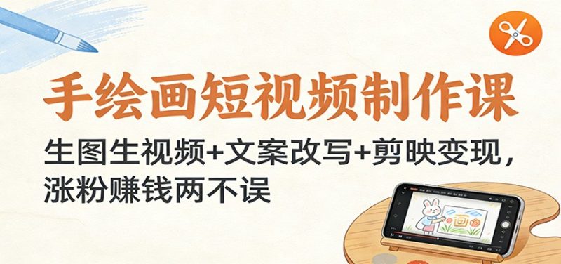 手绘画短视频制作课：生图生视频文案改写剪映，涨粉赚钱两不误_免费分享网络创业,副业,信息差项目的老牌资源整合平台！金铲子项目