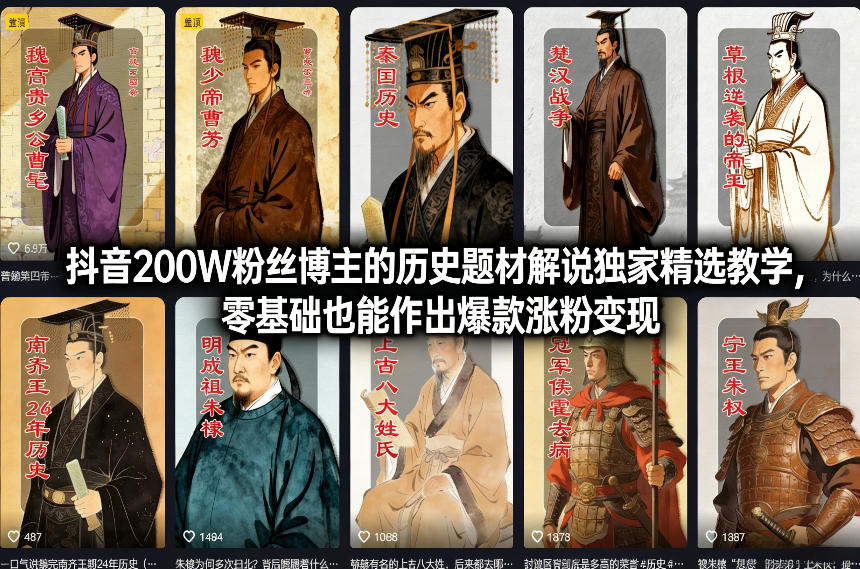 抖音200W粉丝博主的历史题材解说独家精选教学,零基础也能作出爆款涨粉变现_免费分享网络创业,副业,信息差项目的老牌资源整合平台!金铲子项目