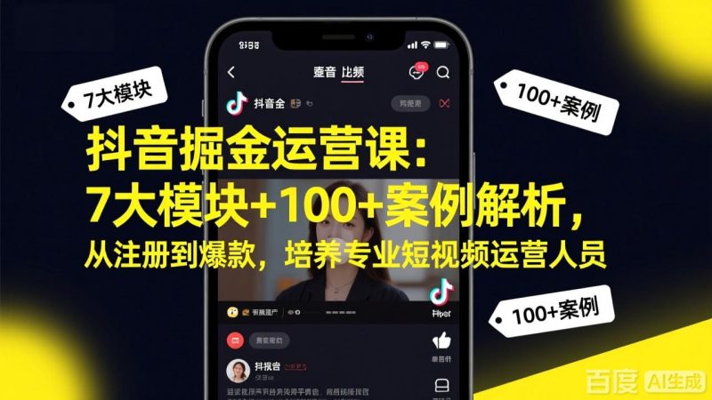 （17573期）抖音掘金运营课：7大模块+100+案例解析，从注册到爆款，培养专业短视频运营人员_免费分享网络创业,副业,信息差项目的老牌资源整合平台！金铲子项目