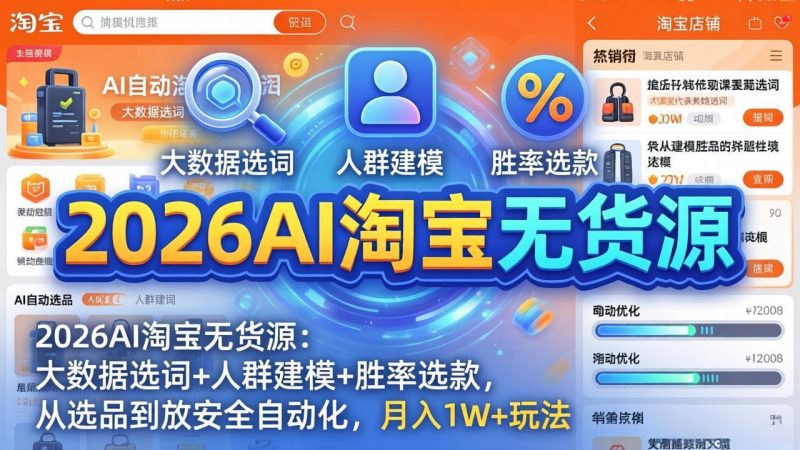 （17812期）2026AI淘宝无货源：大数据选词+人群建模+胜率选款，从选品到放大全自动化，月入1W+玩法_免费分享网络创业,副业,信息差项目的老牌资源整合平台！金铲子项目